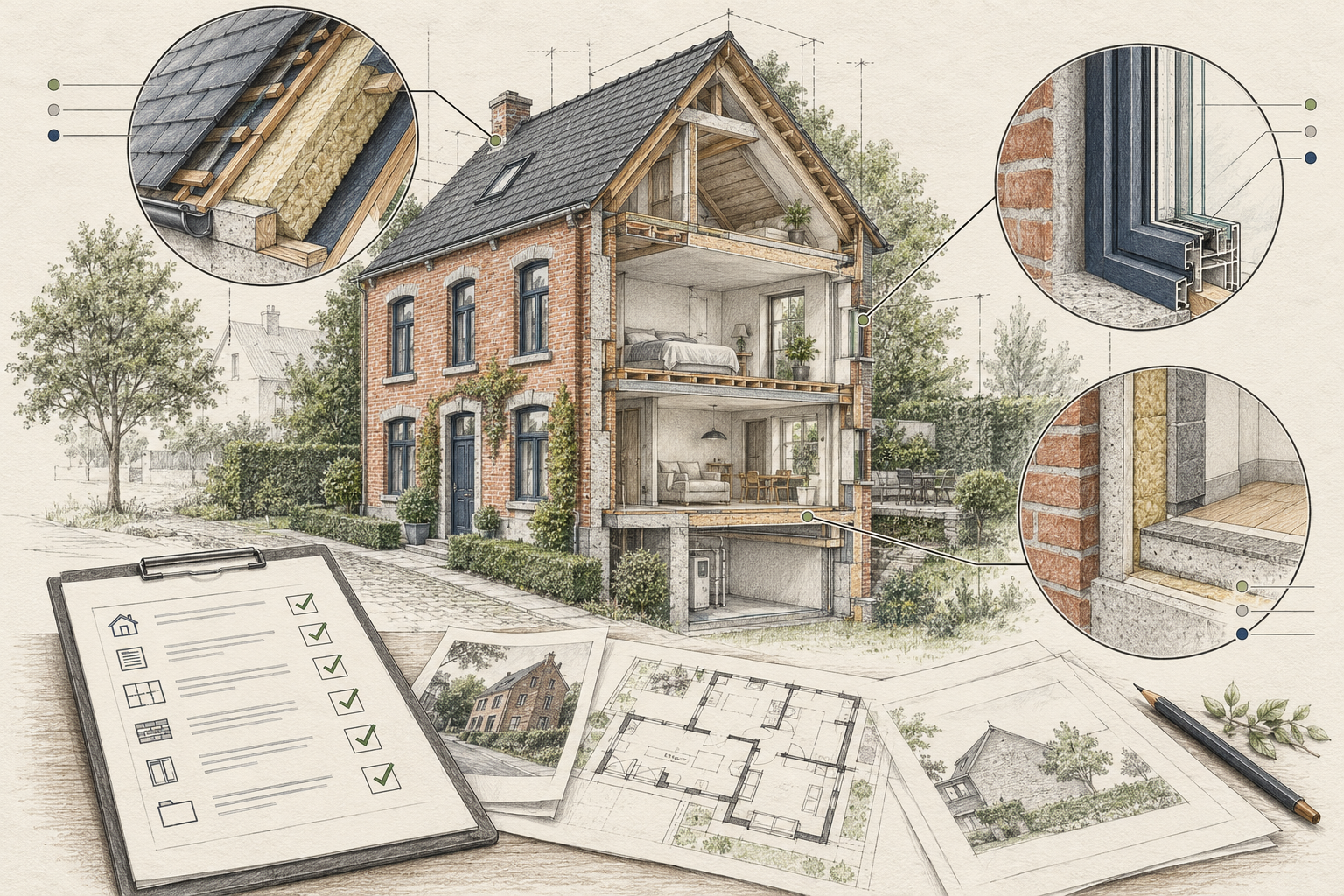 Analyse détaillée au crayon d’une maison avec agrandissements de l’isolation, des vitrages et des parois.