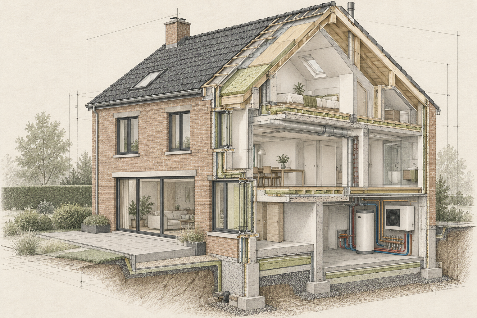 Dessin technique au crayon d’une maison en coupe : toiture, isolation et parois