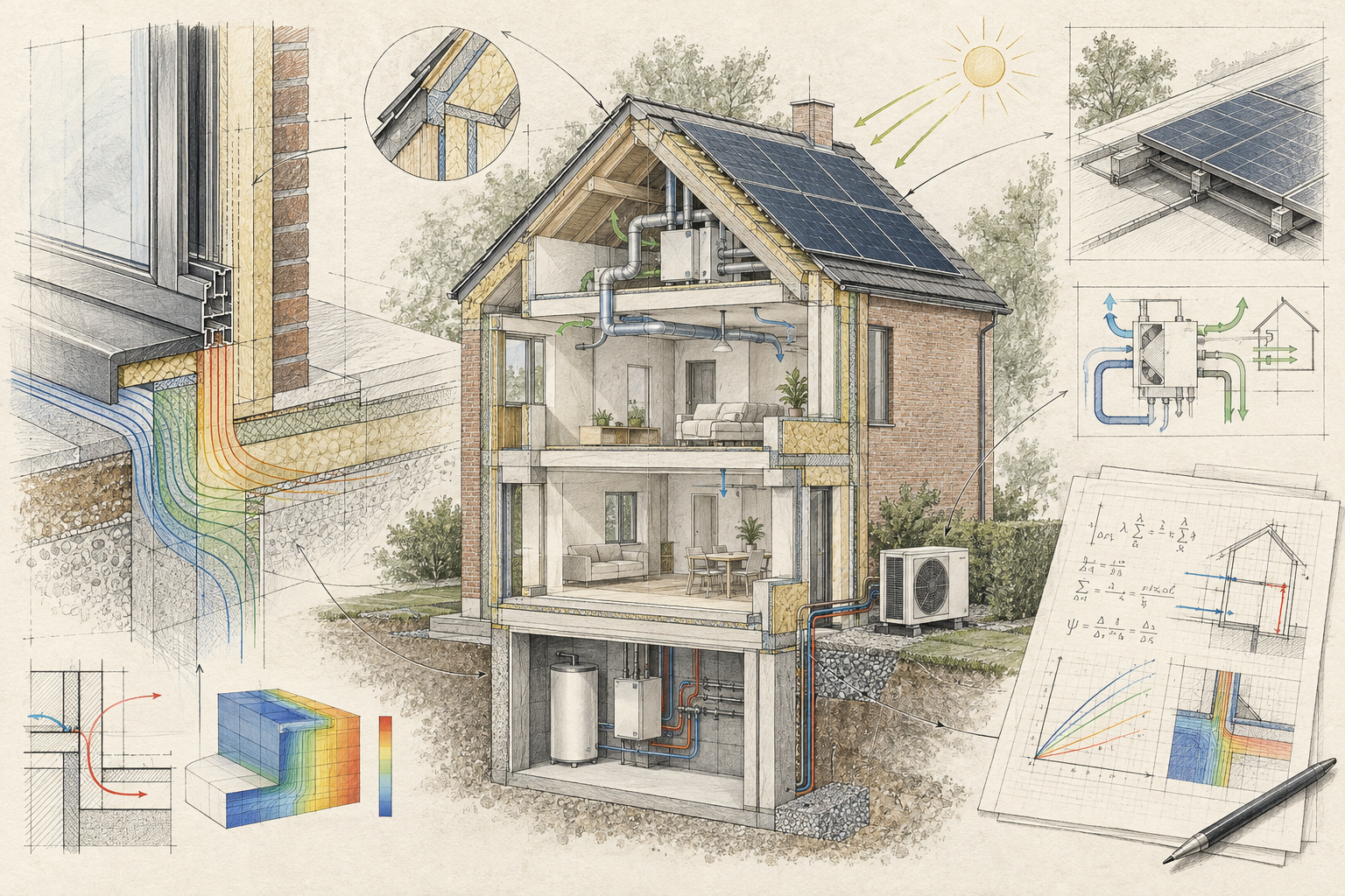 Étude au crayon des ponts thermiques, des détails constructifs et des énergies renouvelables.